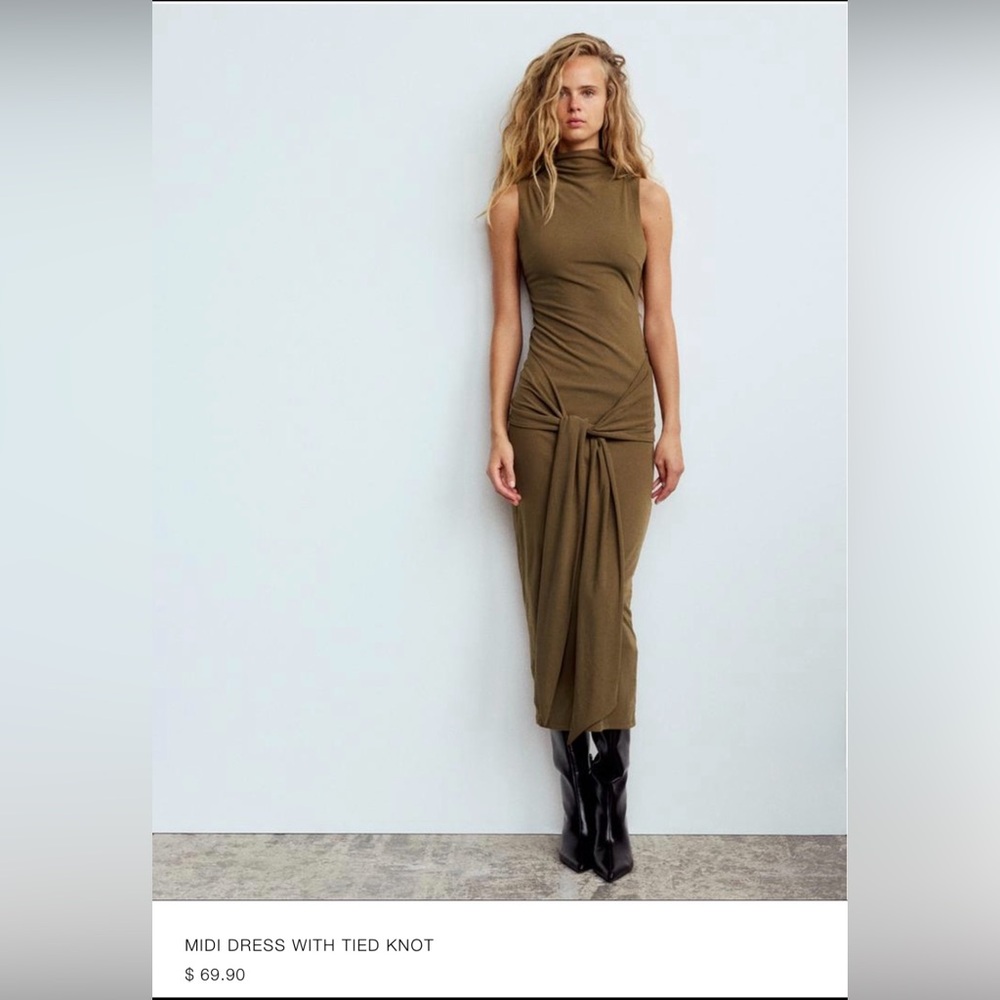Zara dark tan Midi Dress with Knot Detail
